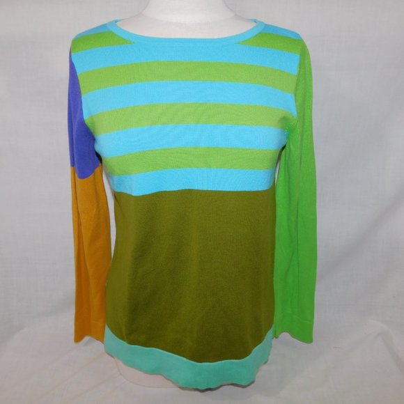 Isaac Mizrahi Womens M Colour Block Light Knit Sweater Top Blue Green Yellow - Picture 6 of 9